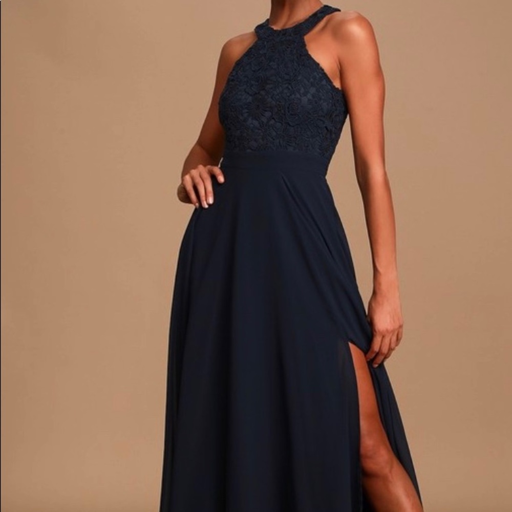 Navy blue halter style formal dress - Picture 1 of 7